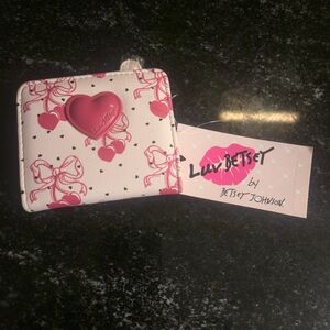 Betsey Johnson White Wallet with Pink Heart and Bow Print